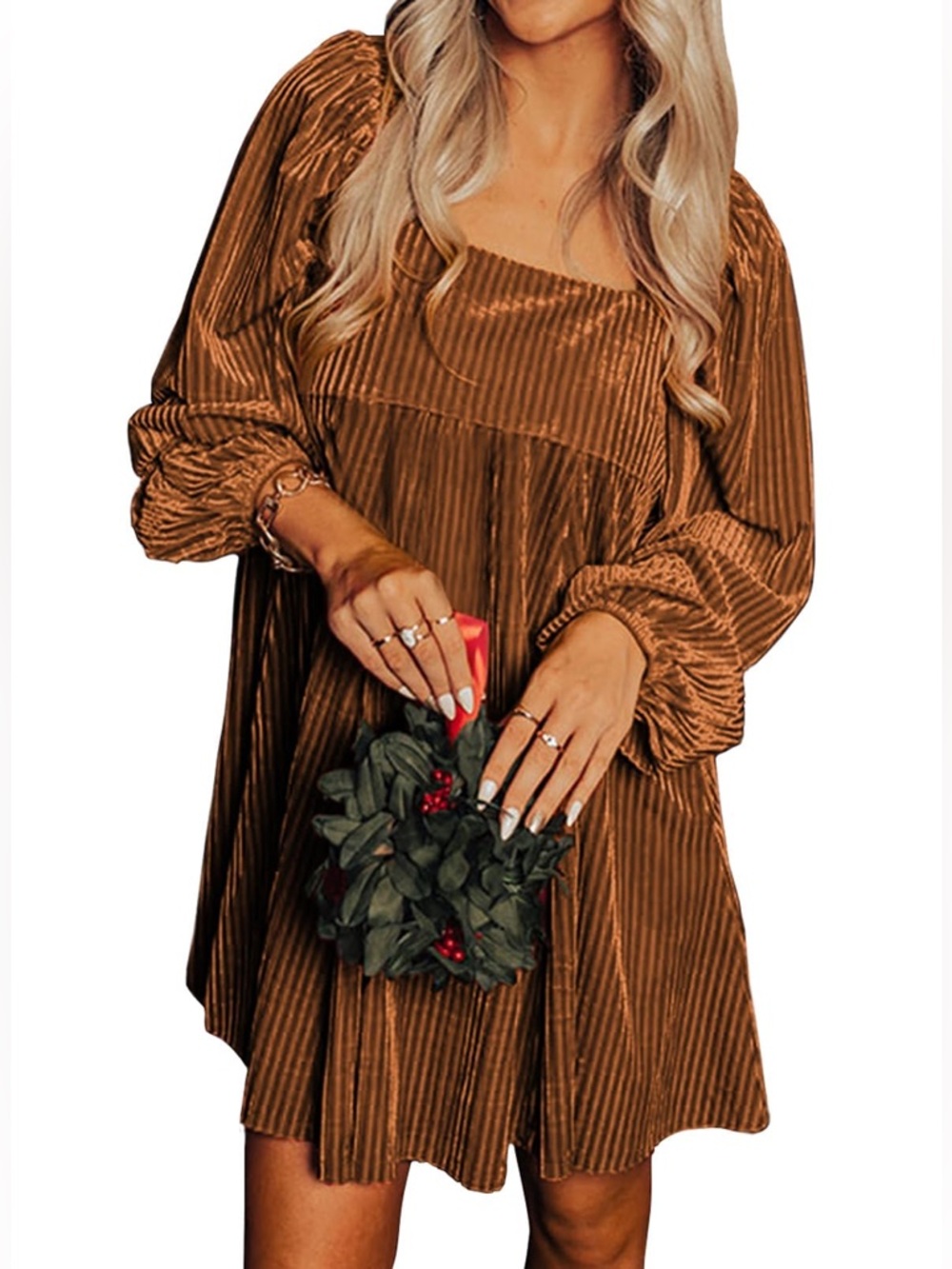 Square Neck Velvet Mini Dress in Brown